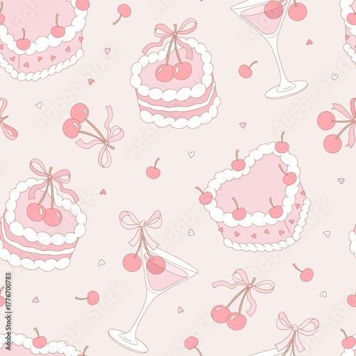 Romantic Vintage Coquette Cherry Cake and Martini Seamless Pattern, Girlish Retro Valentine Day Background for Textile and Wrapping Paper