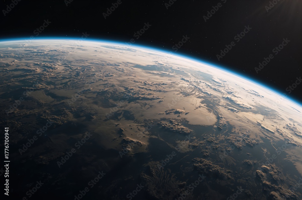 Fototapeta premium Glowing planet Earth floats in cosmic darkness, illuminated by sunlight and surrounded by stars