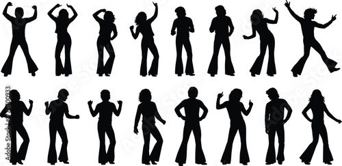 Silhouette vector illustration of retro disco dancers in flared pants, 1970s dance poses, party celebration, music, nightlife, culture, entertainment, and style
