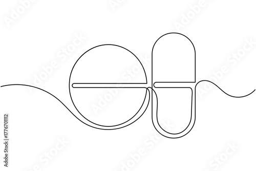 Pharmaceuticals capsule and tablets continuous one line drawing on white background minimalist medicine pill outline vector illustration