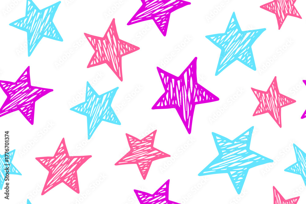 Obraz premium Scribble stars grunge vector seamless pattern. Universe background. Christmas decoration. Wallpaper print with simple scribble stars. Baby clothes ornament.