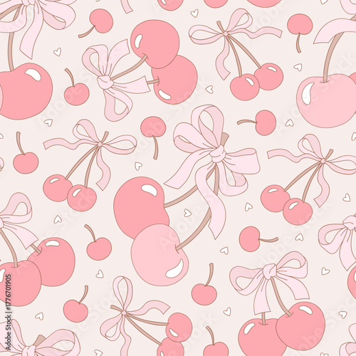 Retro Romantic Coquette Soft Pink Cherry with Bow Seamless Pattern, Girlish Vintage Valentine Day Background for Textile and Wrapping Paper