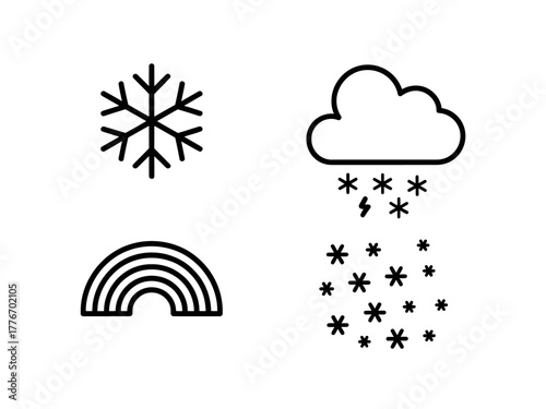 Iconographic representations of weather phenomena including a snowflake, a cloud with lightning and snow, and a rainbow.