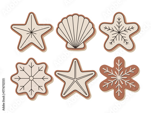 Six decorative cookies in the shape of stars, snowflakes, and a seashell.