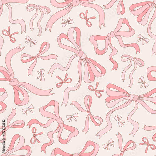 Retro Romantic Coquette Soft Pink Bow Seamless Pattern, Girlish Valentine Day Background for Textile and Wrapping Paper