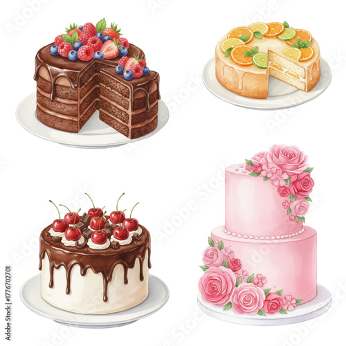 Four cakes vector collection, various appetizing desserts: chocolate berry, citrus, cherry drip, pink floral wedding cake