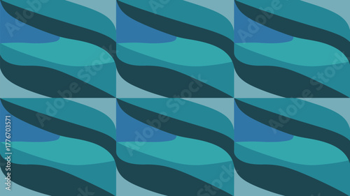 Abstract seamless pattern with teal and blue wavy shapes in a repeating square arrangement design