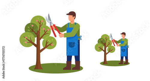 Gardeners trimming small trees with pruning shears landscape maintenance illustration