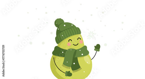 A Cheerful Avocado Enjoying Snowy Day in Cozy Winter Attire Illustration