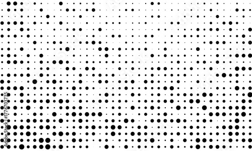 Random halftone. Pointillism style. Background with irregular, chaotic dots, points, circle. Abstract monochrome pattern. Black and white color. Vector illustration