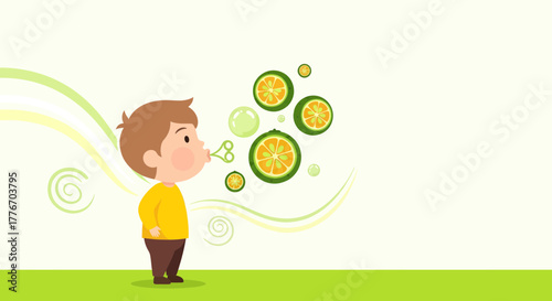 A Cheerful Child Blowing Imaginative Citrus Bubbles in a Whimsical Illustration