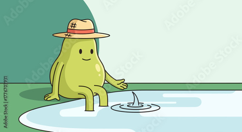 A Cheerful Pear Character Enjoying Relaxation by the Water with Stylish Sun Hat