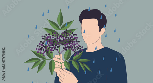 A Person Holding Berries Under Rain Representing Loneliness, Mourning, and Serenity