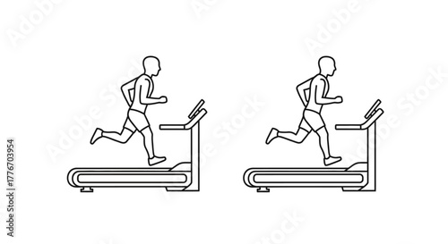 Two line art illustrations of a man running on a treadmill