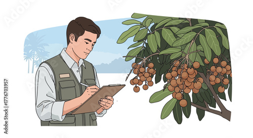A Person Inspecting Longan Fruit Harvest, Examining Quality and Writing on the Clipboard