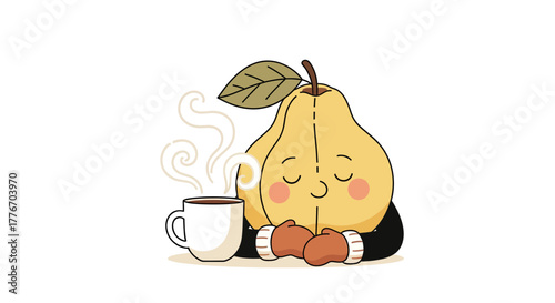 A Cheerful Pear Enjoying A Cozy Moment With Coffee In A Cartoon Illustration