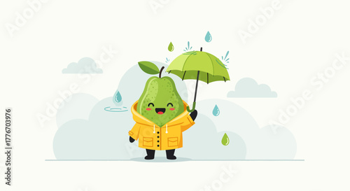 A Cheerful Pear Character Enjoying The Gentle Rain Underneath An Umbrella