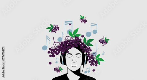 A Person Meditating While Listening Musical Notes and Berries Growing