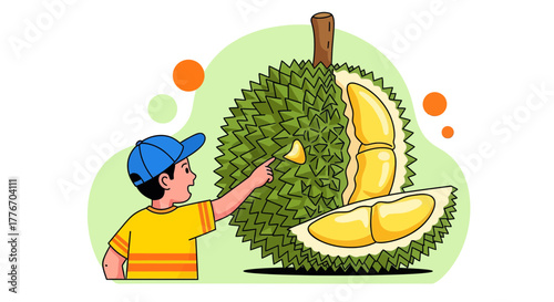 A Curious Boy Points at a Spiky Durian Fruit, Ready to Explore its Exotic Appearance!