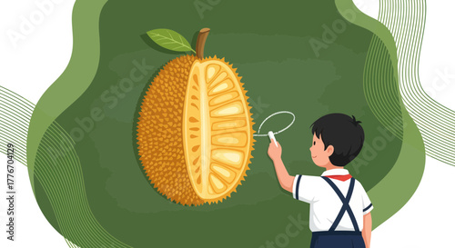A Curious Child Depicting a Jackfruit on An Abstract Background for Education