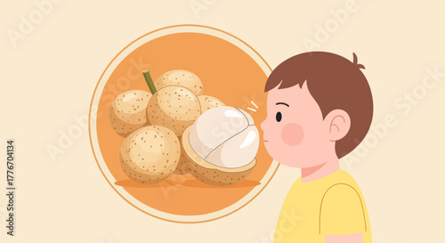 A Curious Child Sniffs A Delicious Longan Fruit Vector Illustration With Orange Circle