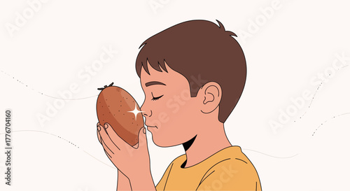 A Curious Young Boy Explores The Scent Of A Brown Oval-Shaped Object
