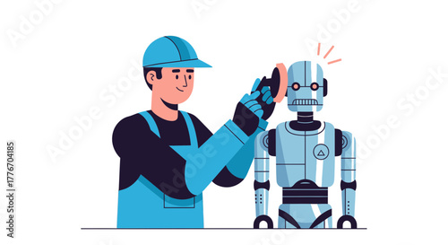 A Person Polishing The Head of A Robot To Provide Maintenance in the Modern Era