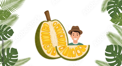 A Person Presents A Freshly Cut Jackfruit With Palm Tree Leafs Illustration