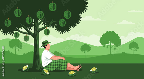 A Person Resting Under Durian Tree Enjoying The Peaceful Green Scenery of Field