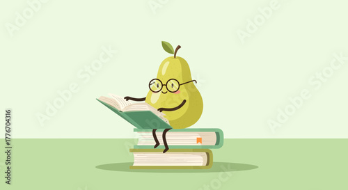 A Fruitful Scholar Pear Wearing Glasses Reads Books, Enjoying Knowledge And Wisdom