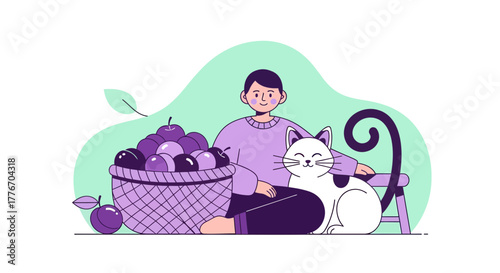 A Person Snuggling With a Cat and A Basket Full of Plums or Purple Fruits