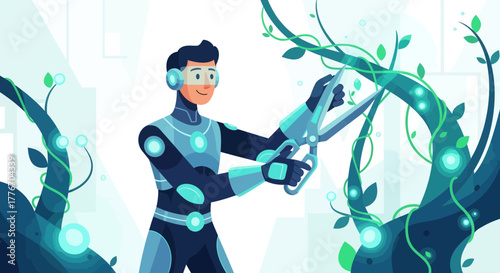 A Futuristic Gardener in the Metaverse Pruning a Glowing, Artificial Tree with Scissors