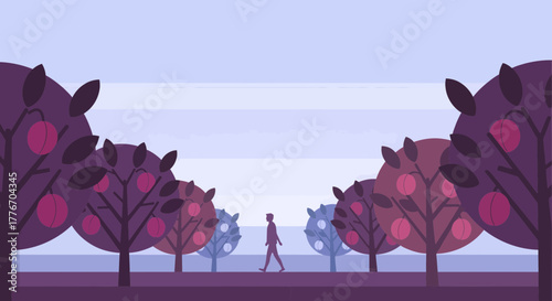 A Person Strolling Through an Orchard Path in a Tranquil And Minimalist Composition