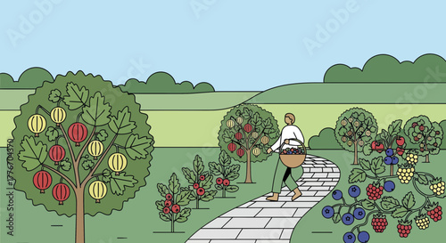 A Gardener Carrying a Basket Through a Charming Orchard Harvesting Fresh Berries