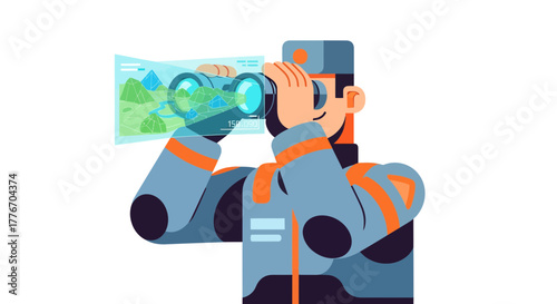 A Person Using Binoculars Viewing A Futuristic Map And Exploring New Landscapes