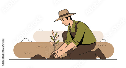 A Gardener Planting A Tree, Symbolizing Environmental Awareness And Sustainability