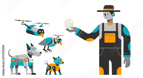 A Modern Farmer Shows Futuristic Robots and Drone Designs for Agricultural Technologies