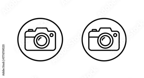 Two simple line art icons depicting vintage cameras in circular frames
