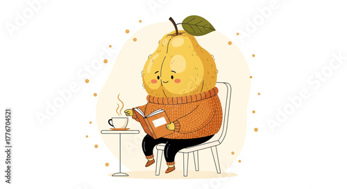 A Personified Pear Reading a Book and Enjoying a Hot Beverage in a Cafe