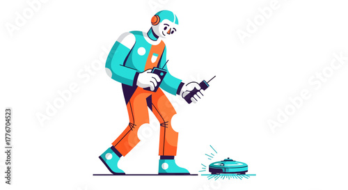 A Modern Technocrat Supervising His Robot Vacuum Device With Precision for Automation