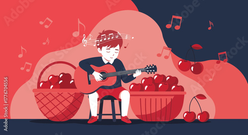 A Musical Boy Playing Guitar Surrounded By Cherries and Delightful Melodies