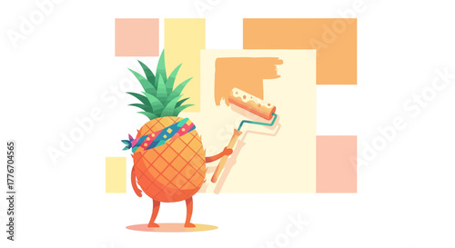 A Pineapple Character Painting a Wall, Humorous and Colorful, Creative Illustration