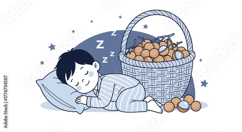 A Peaceful Youngster Resting Beside Fruits in a Woven Basket Under the Night Sky