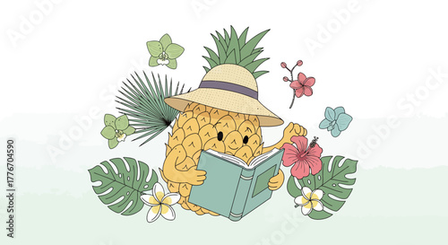 A Pineapple Enthusiast Lost In a Book Amidst Exotic Blooms and Lush Tropical Foliage