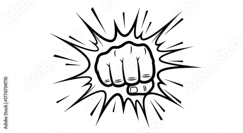 A powerful black and white illustration of a clenched fist impact