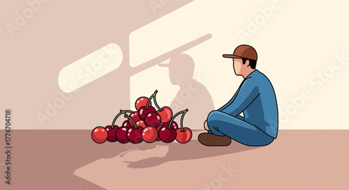 A Person Contemplating Cherries Sunlight While In Deep Thought At Harvest Season Offering a Still