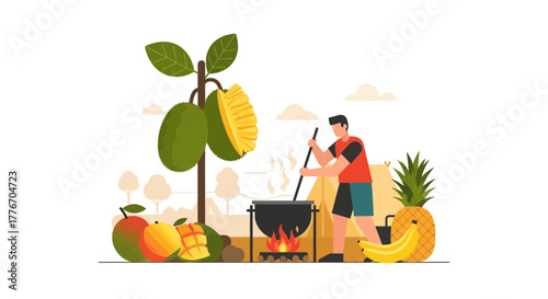 A Person Cooking Tropical Fruits Over Fire, Camping and Harvesting Nature's Bounty