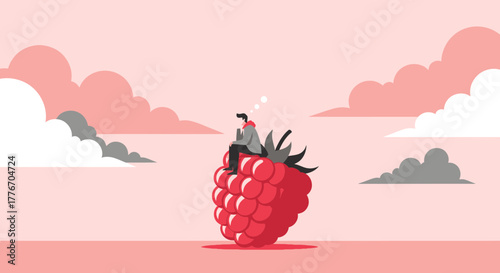 A Person Contemplating Thoughts Sat On A Giant Raspberry In The Sky