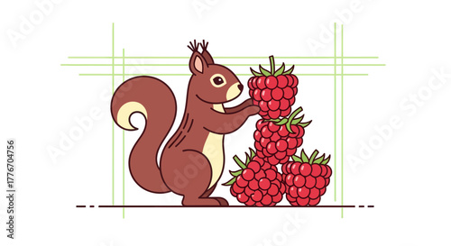 A Playful Squirrel Stacking Juicy Raspberries Against a Clean Graphic Backdrop