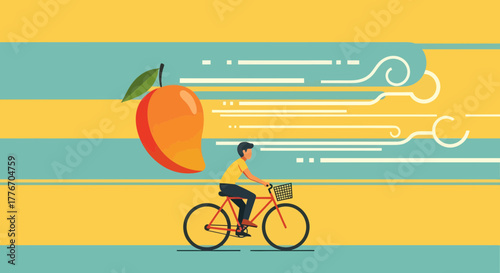 A Person Cycling Past A Giant Mango In A Vibrant Abstract Illustration